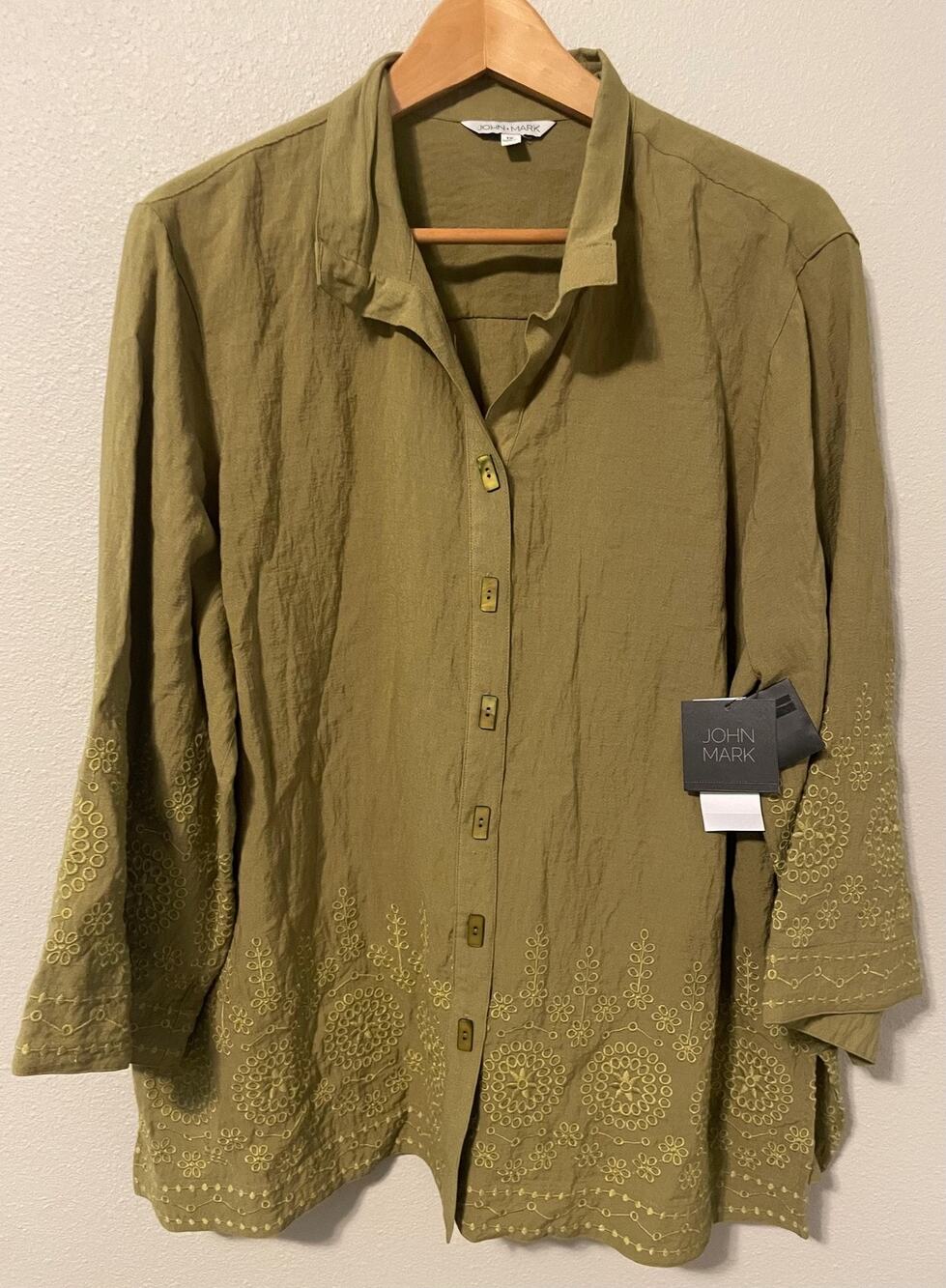 John Mark Tunic Top Womens 1X Green Embroidered Button Up Boho NEW MSRP $129